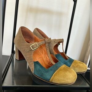 Chie Mihara Anthropologie Suede Leather T Strap Teal Olive Mary Janes Size